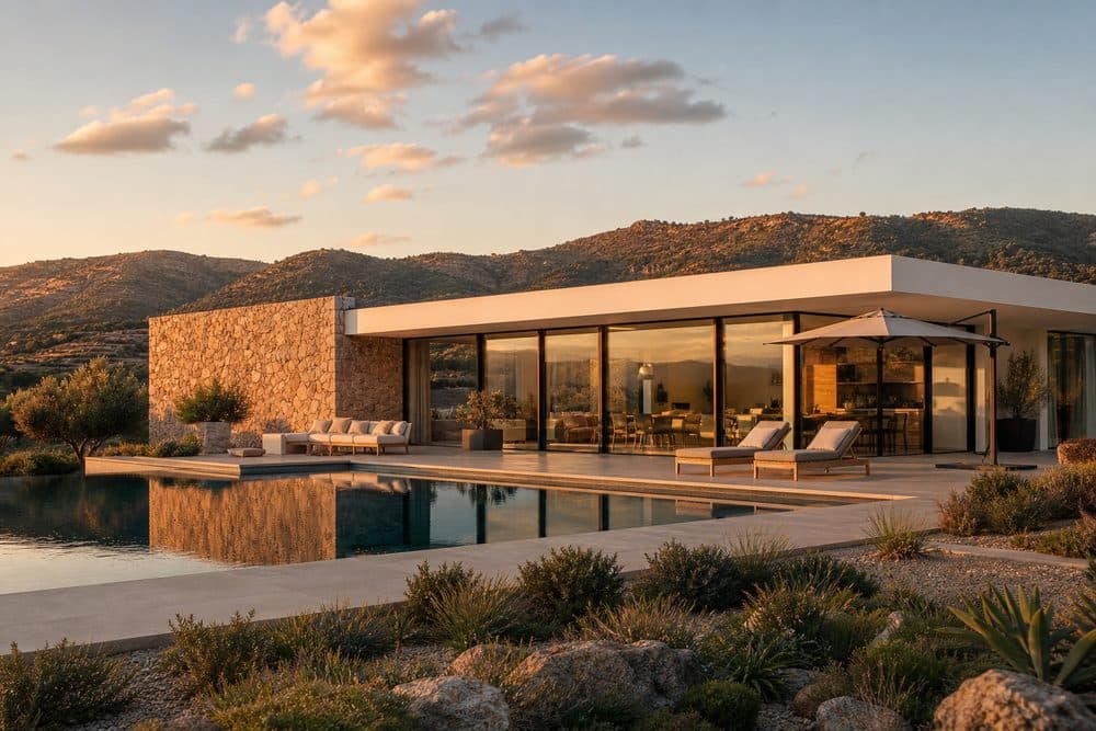 Villa moderna de campo con muros de cristal y piscina